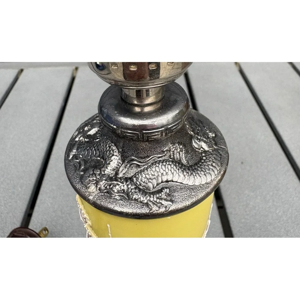 Vintage chinoiserie desk lamp yellow moriage mountain scene dragonware wood base